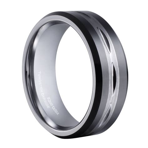 King Will Mens Black 8mm Tungsten Carbide Ring Two Tone Brushed Diamond