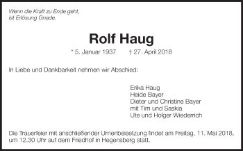 Traueranzeigen Von Rolf Haug Zeit Des Gedenkens De