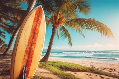 Premium Photo Vintage Surf Board With Palm Tree On Tropical Beach In