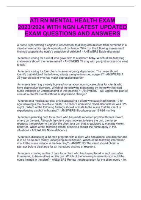 Ati Rn Mental Health Exam With Ngn Latest Updated Exam