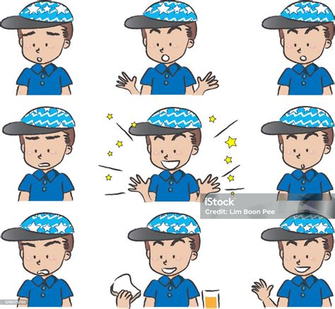 Vektor Kartun Anak Lakilaki Dengan Cap Emoji Set Ilustrasi Stok Unduh