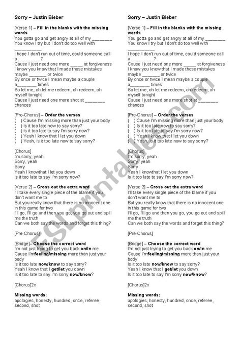 Sorry Justin Bieber Esl Worksheet By Mabies