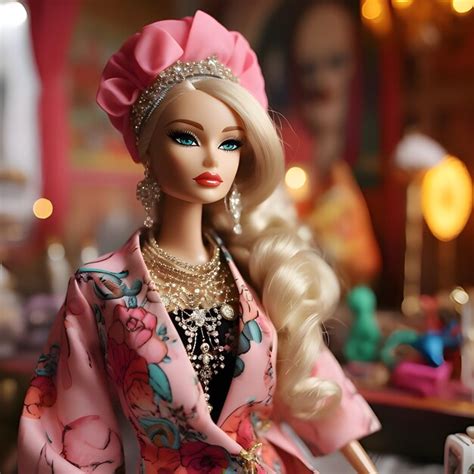 Premium AI Image Cute Blonde Barbie Wearing A Pink Clothing Against Blurred Background Front View