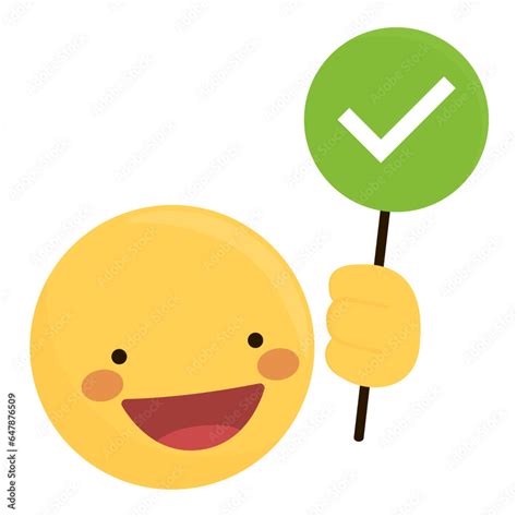 A smiling emoji with a hand holding a green sign with a checkmark ...