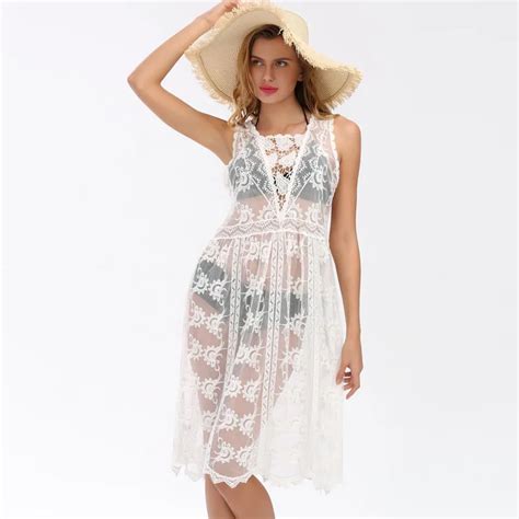 Buy Sexy See Trought Crochet Lace Beach Dress Sleeveless Sundress Bohemian