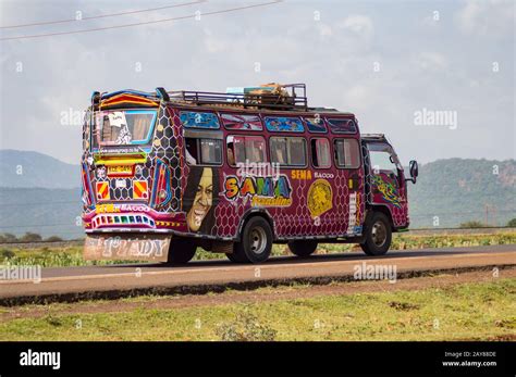 Colorful bus of several motifs in Kenya's countryside in Africa Stock ...