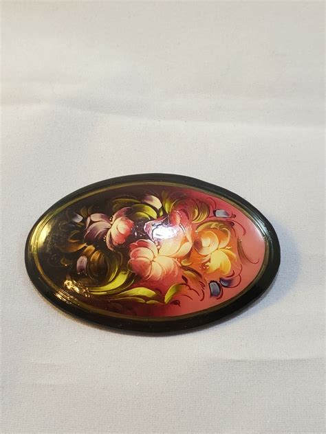 Russian Black Lacquer Hand Painted Floral Wooden Broo Gem