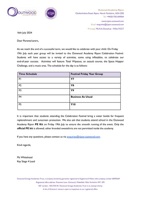 Letter To Parents Carers End Of Term Celebration Outwood Academy Ripon