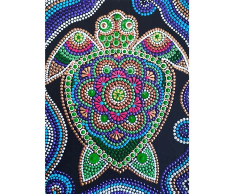 Green Sea Turtle Painting Dot Art Original Painting Mandala Etsy