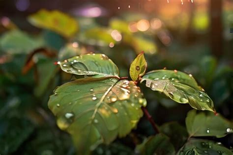 Premium Photo Garden Leaves After The Rain At Sunset