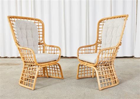 Pair Of Organic Modern Rattan High Back Wing Chairs At 1stdibs