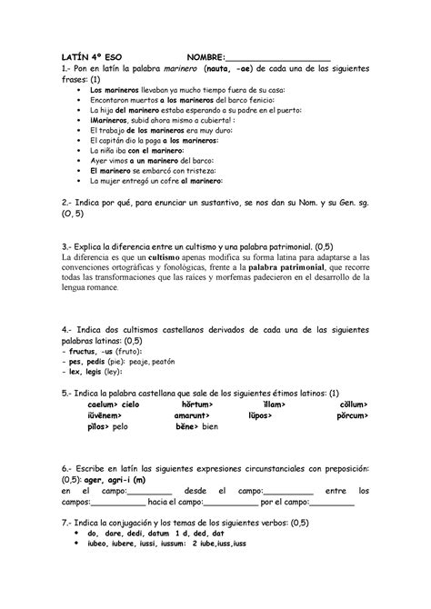 Latín 4º Eso Control T 3 Nombre LatÍn 4º Eso Nombre