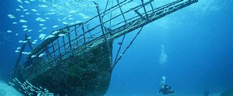 Sunken Wooden Ships Underwater