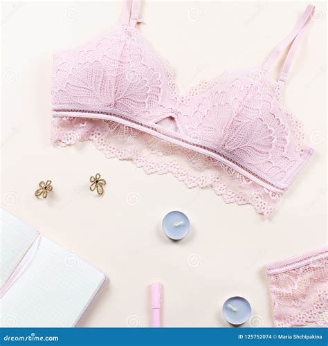 Woman Elegant Pink Lace Bra And Panties Pumps And Jewelry Stylish Lingerie Flat Lay Stock
