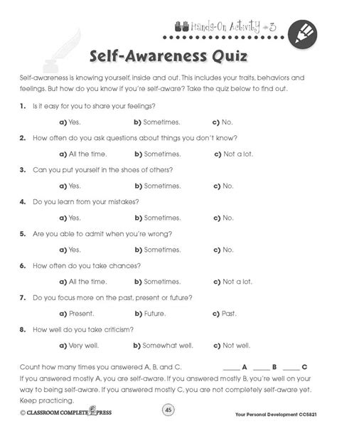 Your Personal Development Self Awareness Quiz Worksheet