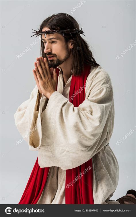 Religious Man Praying Hands Jesus Robe Isolated Grey Stock Photo by ...