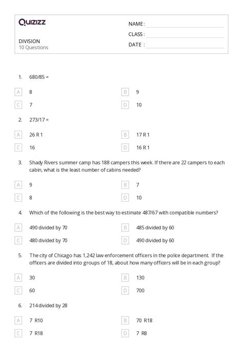 50 Division Worksheets For 5th Class On Quizizz Free And Printable