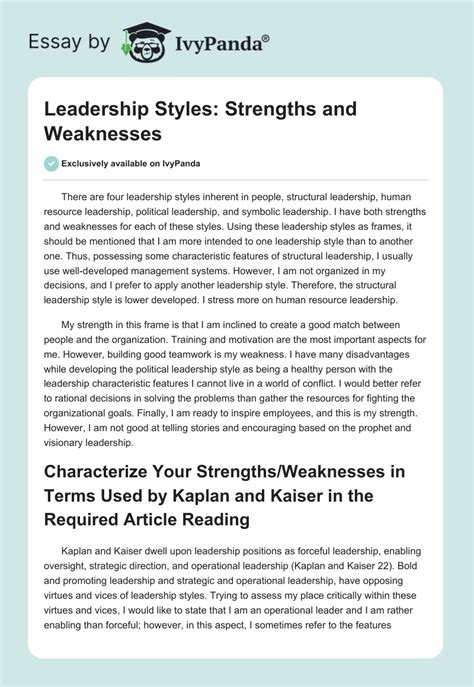 Leadership Styles Strengths And Weaknesses Words Essay Example