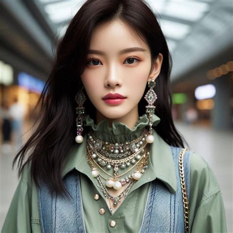 Premium Photo A Woman Wearing A Green Shirt With A Necklace