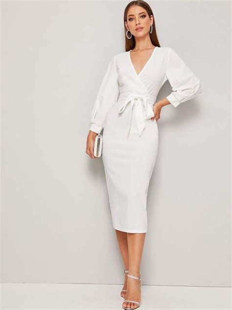 Shein Surplice Neck Lantern Sleeve Split Hem Belted Dress Belted