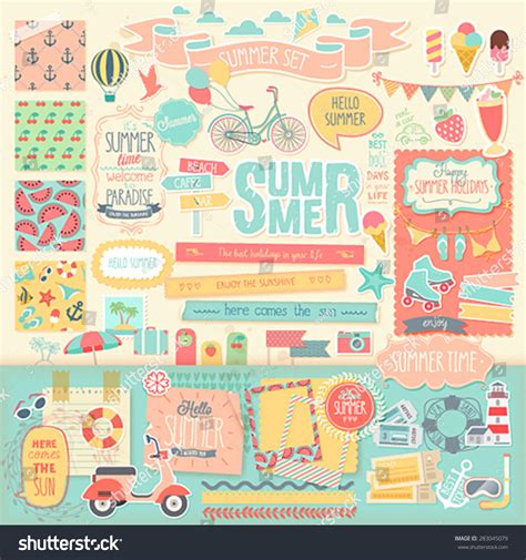 Summer Scrapbook Set Decorative Elements Vector Illustration