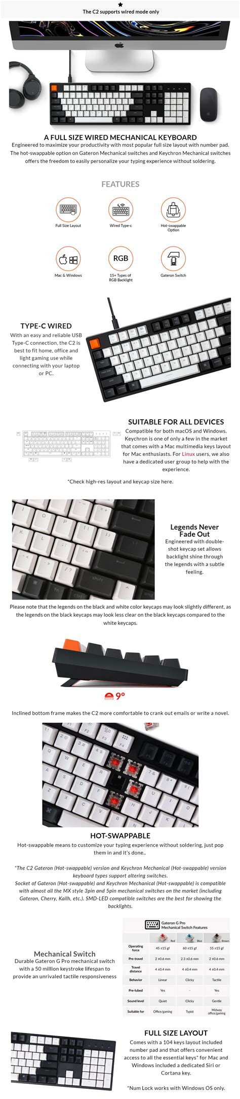 Keychron C USB Wired Keyboard Hot Swappable Gateron RGB Backlit Keys Mechanical Keyboard