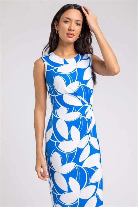 Leaf Print Twist Detail Shift Dress In Royal Blue Roman Originals Uk