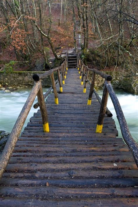 Wooden Bridge Over Mountain River Stock Photo Image Of Safety Brown