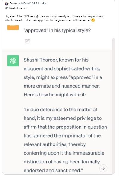 Shashi Tharoor Reacts To Man Asking Chatgpt To Write Approved In His