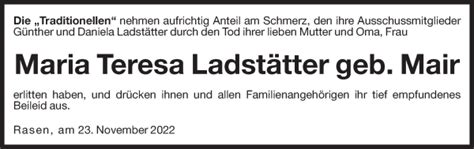 Traueranzeigen Von Maria Teresa Ladst Tter Trauer Bz