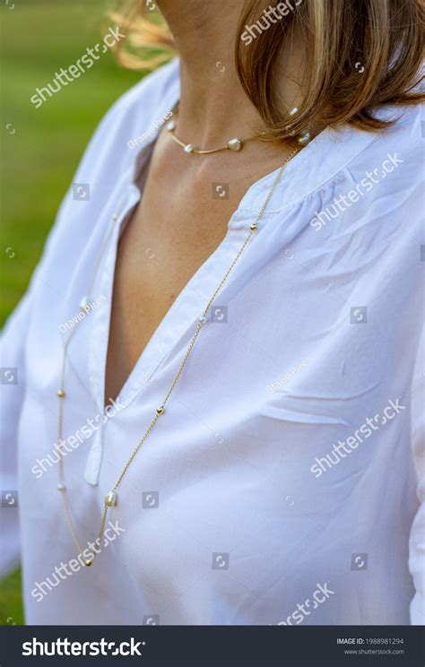 Woman Wearing Gold Necklace Necklace Neck Stock Photo