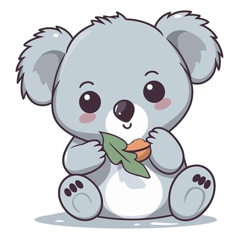 El Lindo Koala De Dibujos Animados Sentado Y Sosteniendo Una Hoja