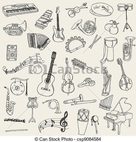 line drawings of musical instruments on kraft paper for back wall- add ...
