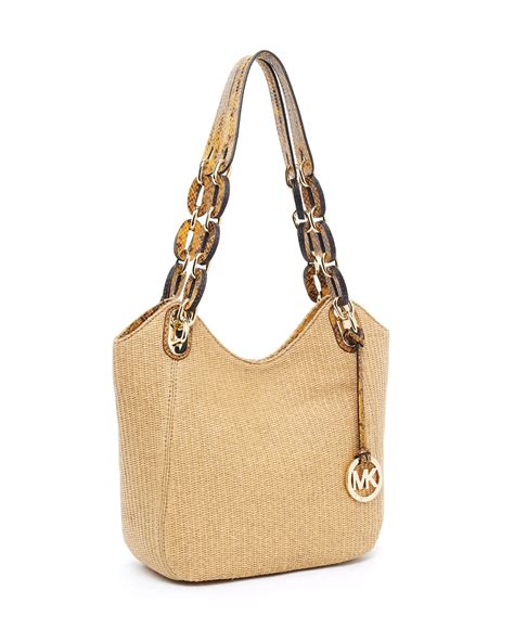 Lyst Michael Kors Lily Medium Straw Tote Naturalmarigold In Natural