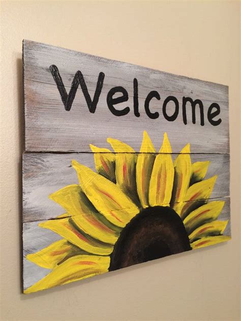 Welcome Sign On Reclaimed Wood Large Sunflower Welcome Sign Etsy