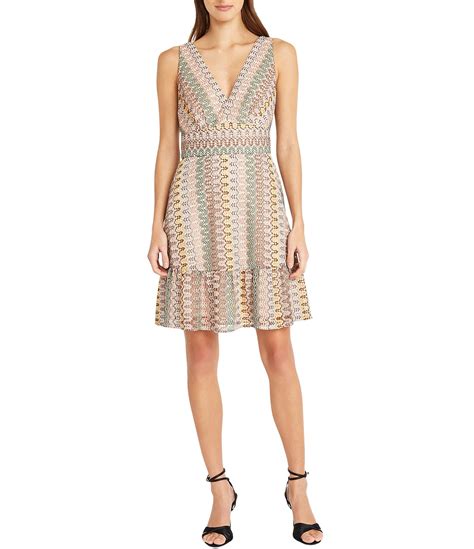 Donna Morgan Metallic Crochet V Neckline Sleeveless Ruffle Hem Dress Dillards