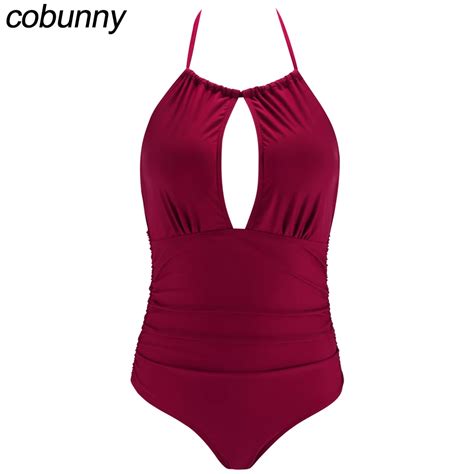 Cobunny Hollow Out One Piece Swimsuit Red Solid Women Swimwear Push Up