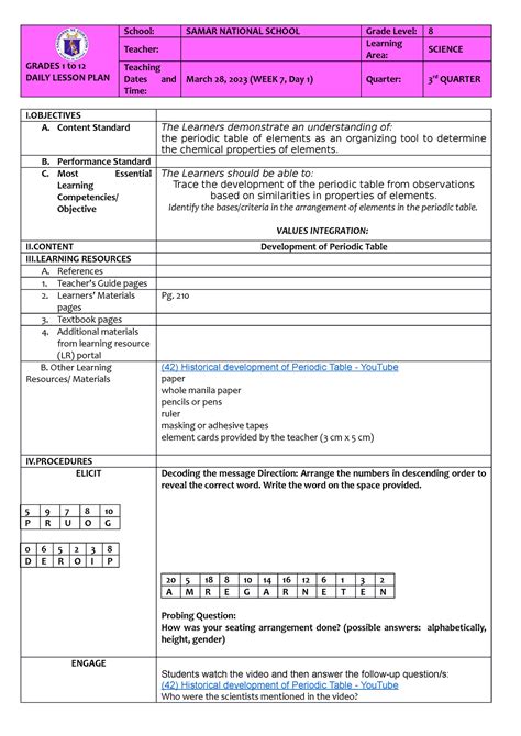 Development Q3 Lp Periodic Tabke Grades 1 To 12 Daily Lesson Plan School Samar National