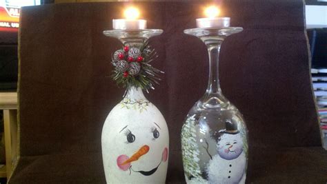 Snowman Candle Holder Wine Glass Crafts Wine Bottle Crafts Hand Painted Wine Glasses