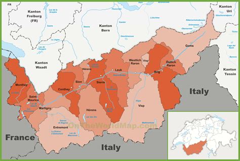 Canton of Valais district map - Ontheworldmap.com