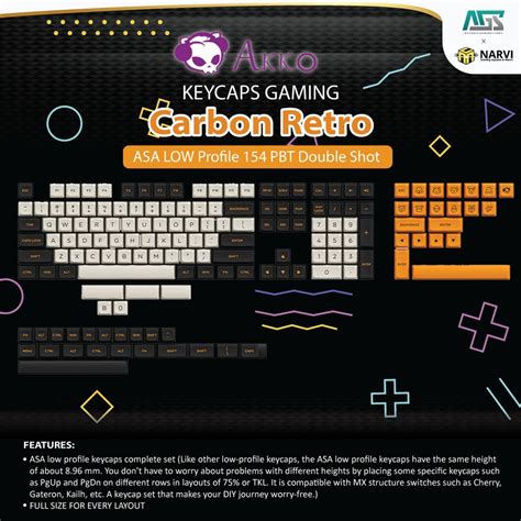 Akko Carbon Retro ASA LOW Profile 154 PBT Double Shot Gaming Keycaps