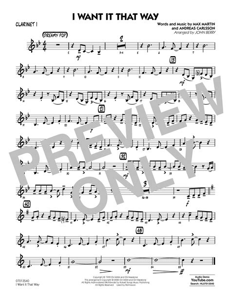 I Want It That Way Arr John Berry Clarinet 1 By Backstreet Boys Sheet Music For Jazz