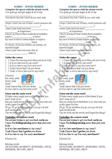 Sorry Justin Bieber Esl Worksheet By Rejanem