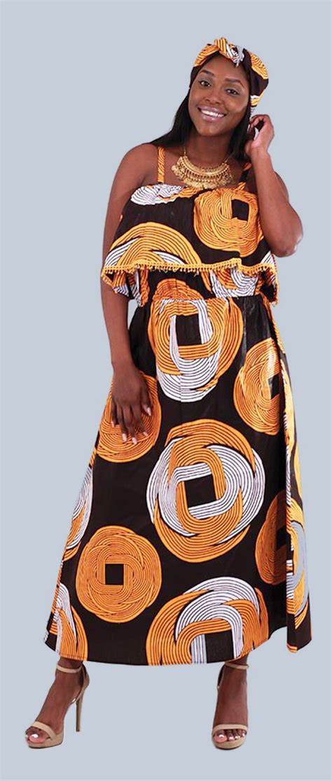 African Print Long Dress In Black White And Orange Bold African