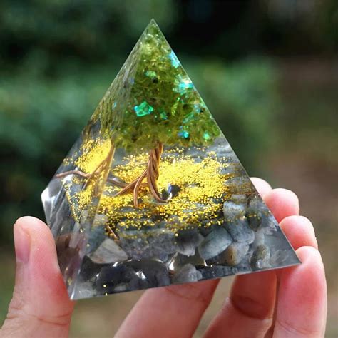 Olivenorma Tree Of Life Orgone Pyramid Peridot With Grey Moonstone