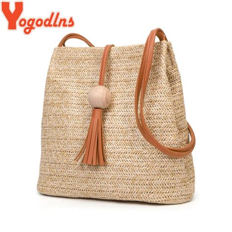 Yogodlns נשים קש תיק בוהמי קש חוף תיק בעבודת יד Kintted Crossbody דלי