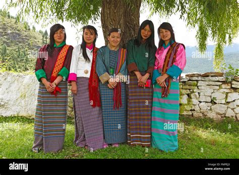 Young Women Wearing Colorful Kira Dresses Paro District Bhutan Stock