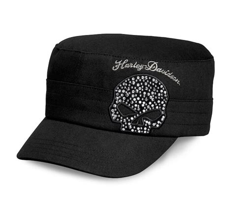 Womens Black Crystal Skull Flat Top Cap Harley Davidson® Online