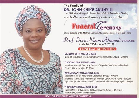 Funeral Invitation Card Of Prof Dora Nkem Akunyili Released - Odogwu Media's Blog