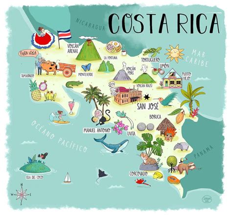 Costa Rica Illustrated Map - Etsy